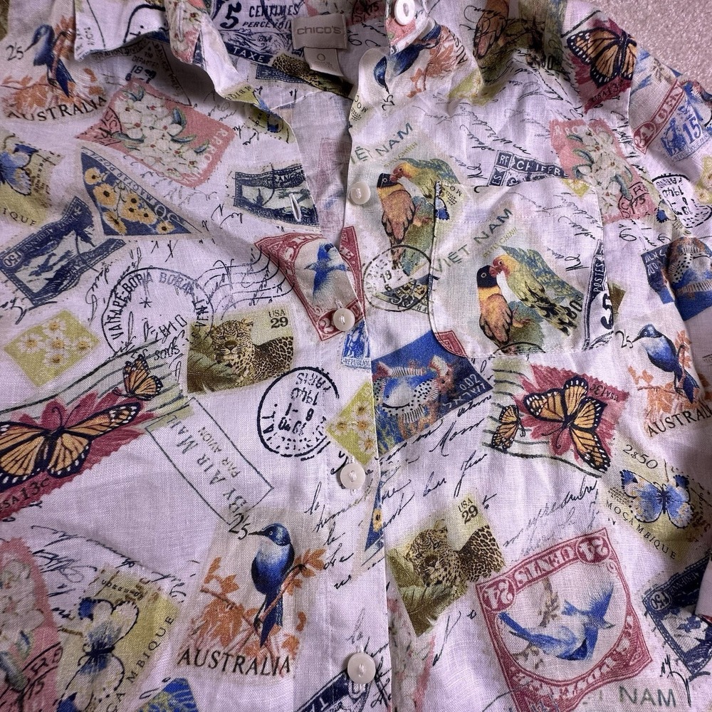 Chico's Linen Tunic Blouse Travel Stamp Pattern 100% Linen Button Size 0 - Picture 3 of 7